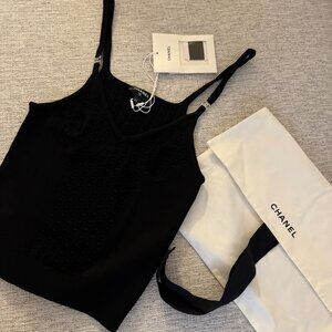 Authentic Chanel 25S Black Knit Camisole Top with CC Crystal Logo Charms
